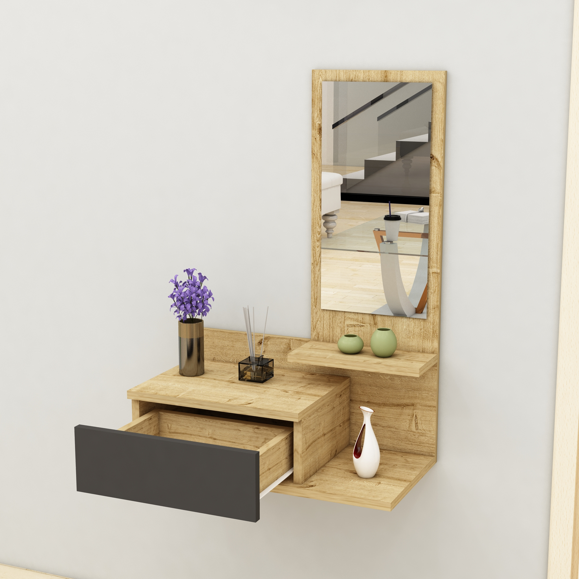 Cielo Dresuar with Drawer and Mirror -  Dark Grey & Oak Modern dresuar console table entryway table hallway table