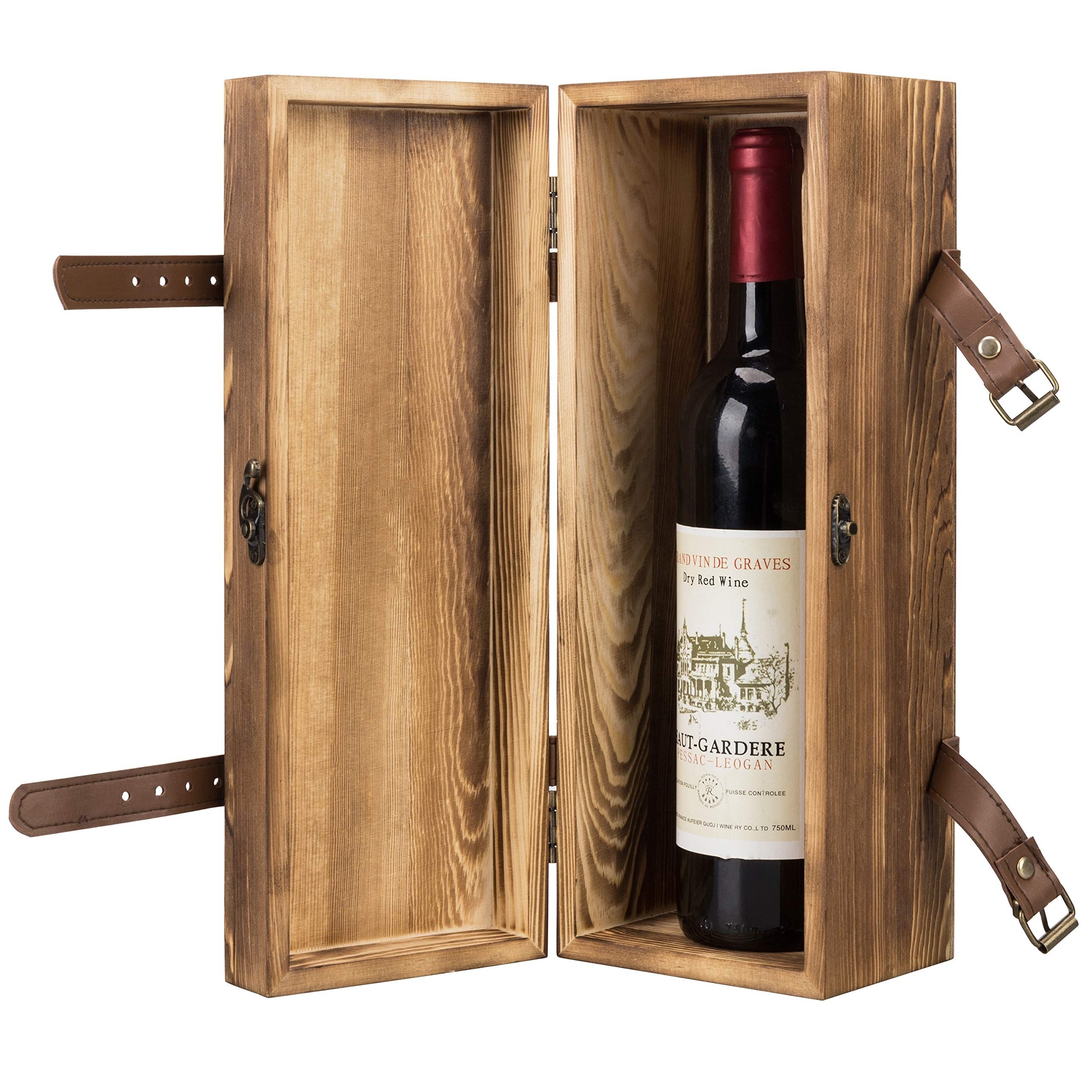 Custom Vintage Brown Wood Single Wine Bottle Holder Gift Box with Leatherette Buckle Straps and Locking Latch