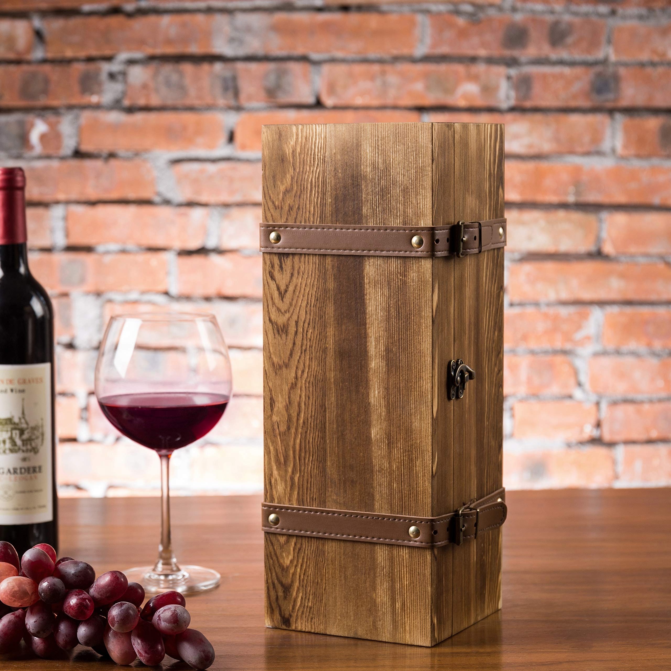 Custom Vintage Brown Wood Single Wine Bottle Holder Gift Box with Leatherette Buckle Straps and Locking Latch