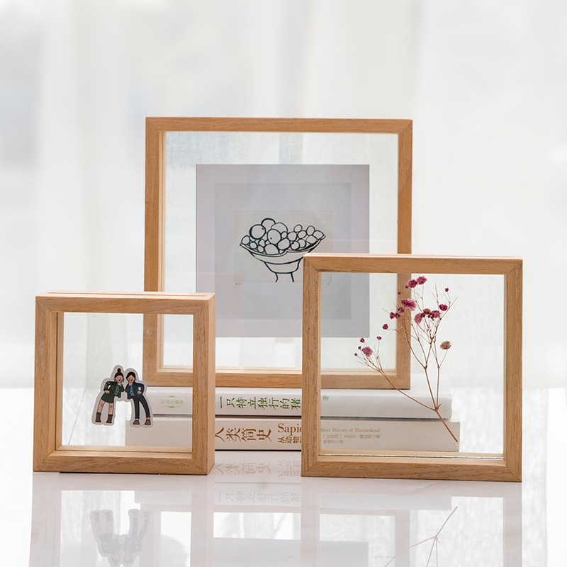 2021 photo frame wall art transparent double sided glass picture wooden frame