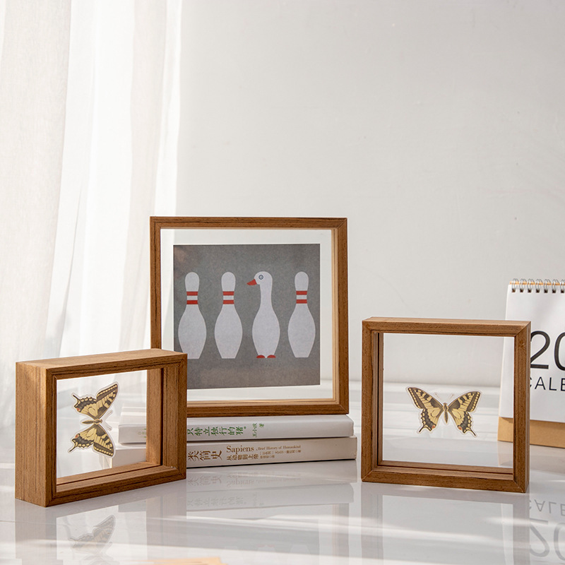 2021 photo frame wall art transparent double sided glass picture wooden frame