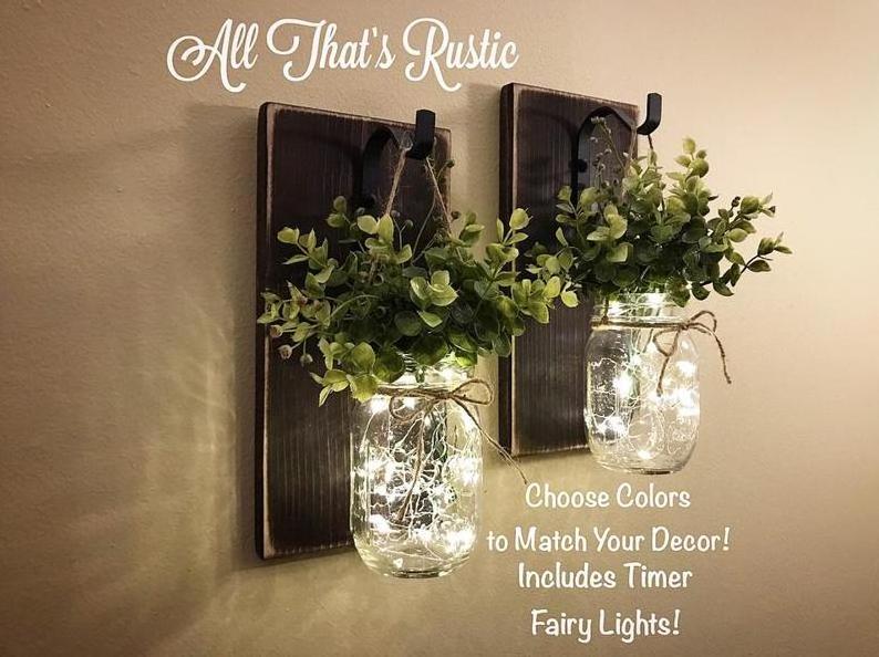 Customized Rustic Wall Sconces Decorative Mason Jar Wall Decor with LED Fairy Lights and Flowers