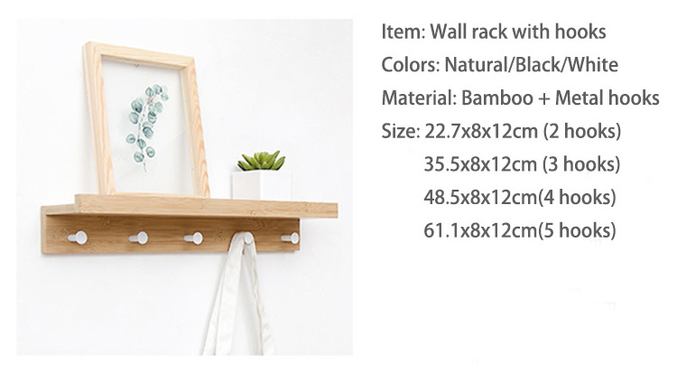 Natural Bamboo Wall Shelf unit Wall Mounted Shelves units Display Rack With Metal Hooks