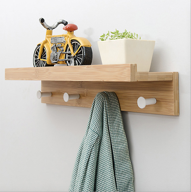 Natural Bamboo Wall Shelf unit Wall Mounted Shelves units Display Rack With Metal Hooks