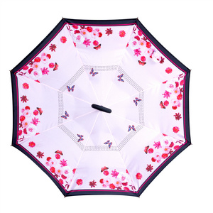 New Style Double Layer Windproof C Shape Handle Fashion Inverted Umbrella With Logo Prints