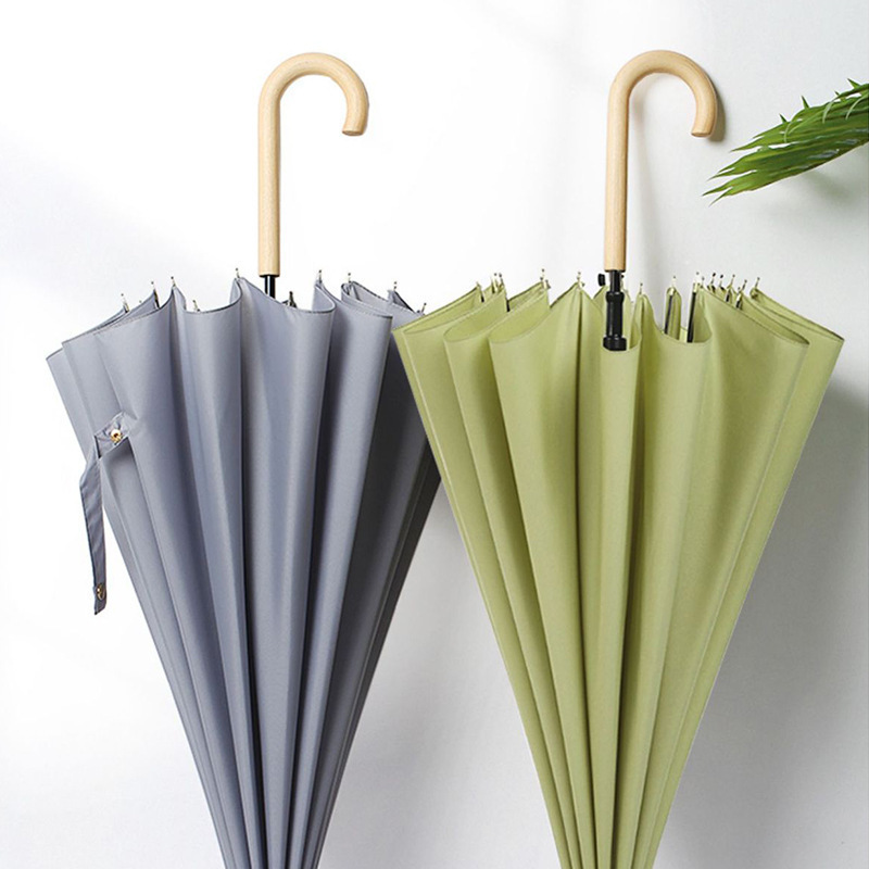 Japanese Style Retro Simple Popular Solid Color Straight Umbrella Fiberglass Shaft Wood Handle Man And Women Umbrellas