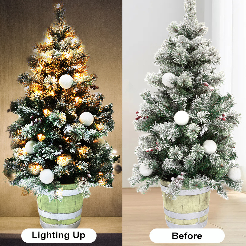 Home Decor Artificial Decoration Mini Snowy Christmas Tree With  Wooden Base&Led Lights