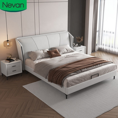 Exotic simple design modern bedroom furniture luxury leather solid wood frame king size 1.8 m bed wooden beds with storage