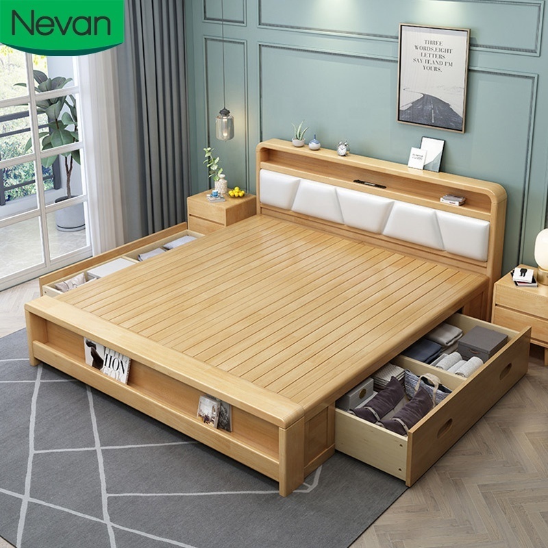 double size modern home furniture solid wood bed  frame beds with storage