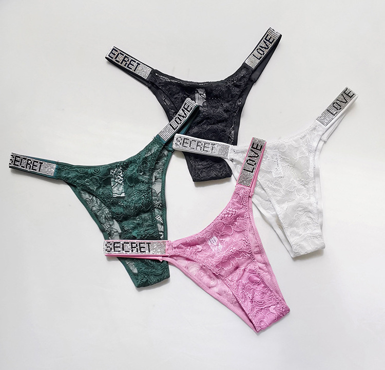 U5311 Sexy Breathable Women Panties Cotton Letter Underwear Rhinestone Lace Lingerie Thong