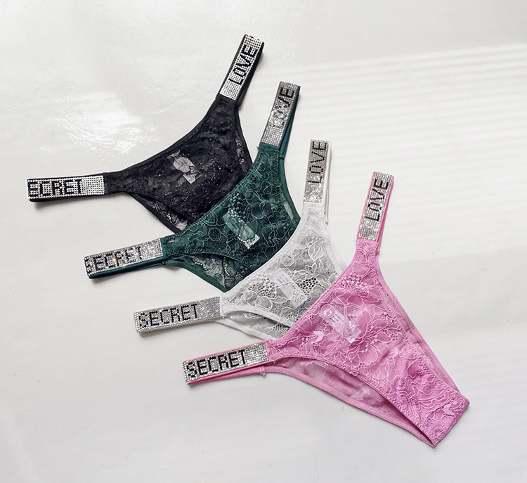 U5311 Sexy Breathable Women Panties Cotton Letter Underwear Rhinestone Lace Lingerie Thong