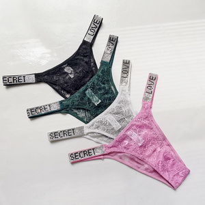 U5311 Sexy Breathable Women Panties Cotton Letter Underwear Rhinestone Lace Lingerie Thong