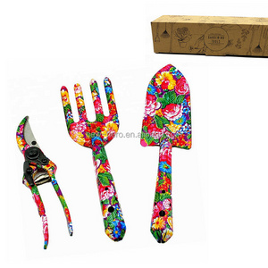 Floral print lady Gardening mini hand tools set shovel fork Shear 3 piece Metal garden tool kit Flower Plant Gift for Women Mom