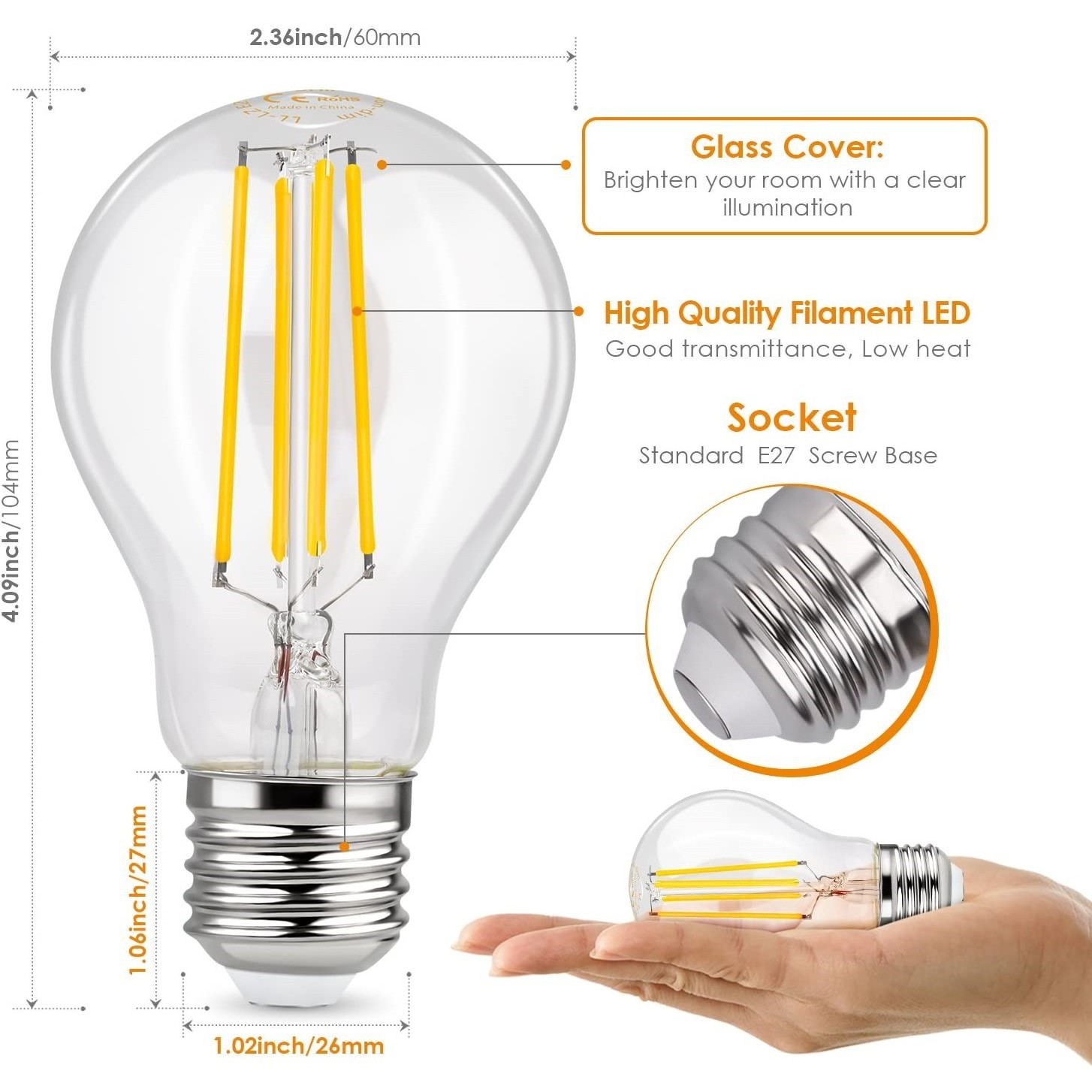 High lumen output Clear glass bulb E27 B22 A60 Filament LED bulb dimmable 2w 4w 6w 8w 12w 10w for home decoration