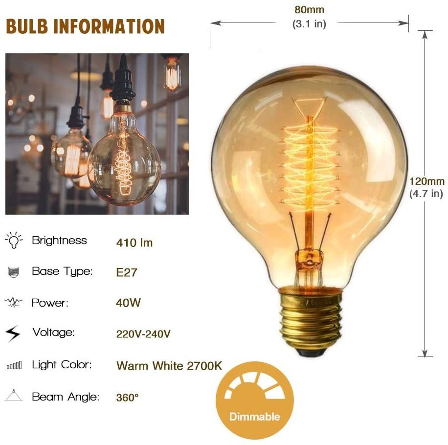 Vintage Edison Light Bulbs 40W E27 ES Retro Screw Dimmable Old Fashioned Style Globe Bulb light