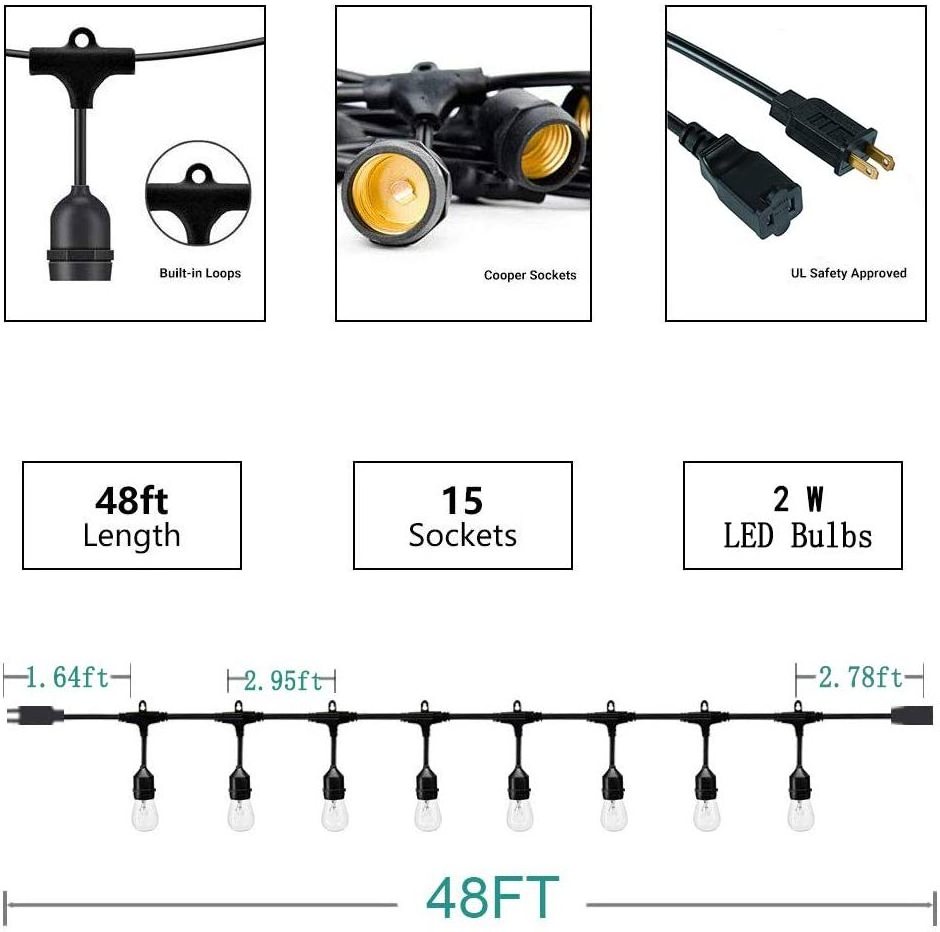 48ft Solar Powered String Light with 1w 2w  110v  220v LED Shatterproof S14 Bulbs for Yard, Porch, Garden, Fence Outdoor Use