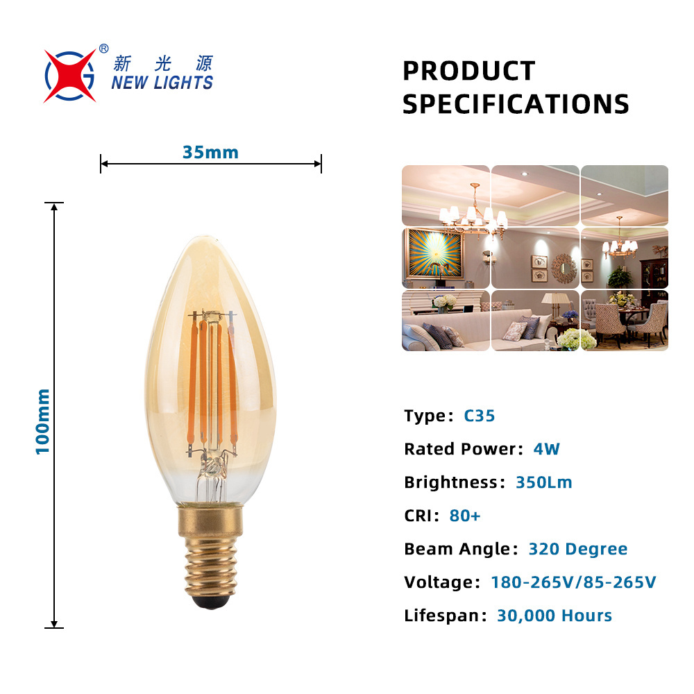 Candelabra LED Bulb E12 Small Light Bulbs 5000K Daylight Dimmable Ceiling Fan C35 Dimmable Edison Filament Candle Bulb