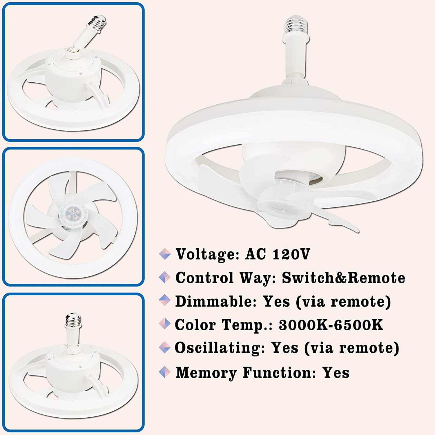 Recessed Lighting 10 inch E26 E27 Remote Control Oscillating Mode 3 Air Speeds Mini Small Ceiling Fan Bulb for Storage Room