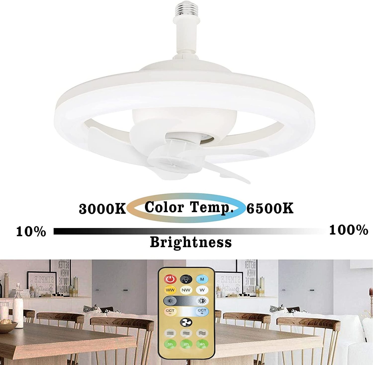 Recessed Lighting 10 inch E26 E27 Remote Control Oscillating Mode 3 Air Speeds Mini Small Ceiling Fan Bulb for Storage Room