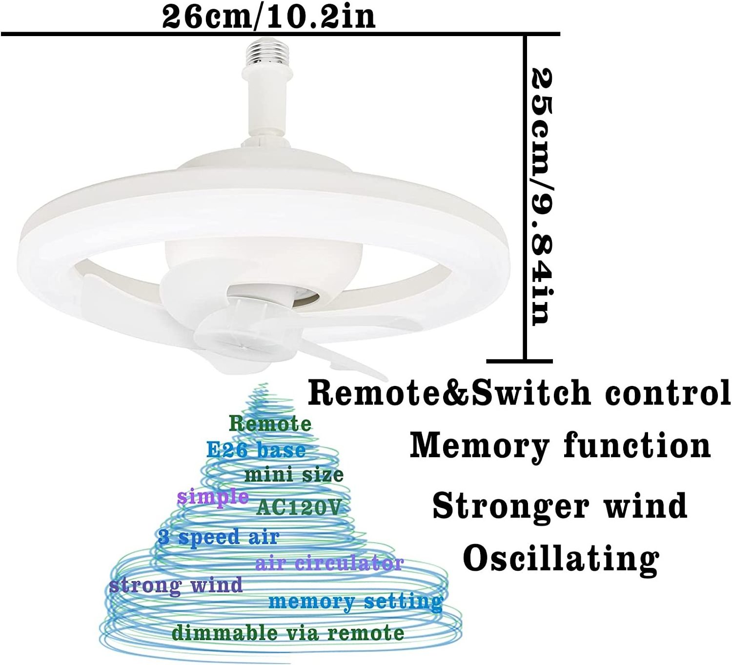 Recessed Lighting 10 inch E26 E27 Remote Control Oscillating Mode 3 Air Speeds Mini Small Ceiling Fan Bulb for Storage Room