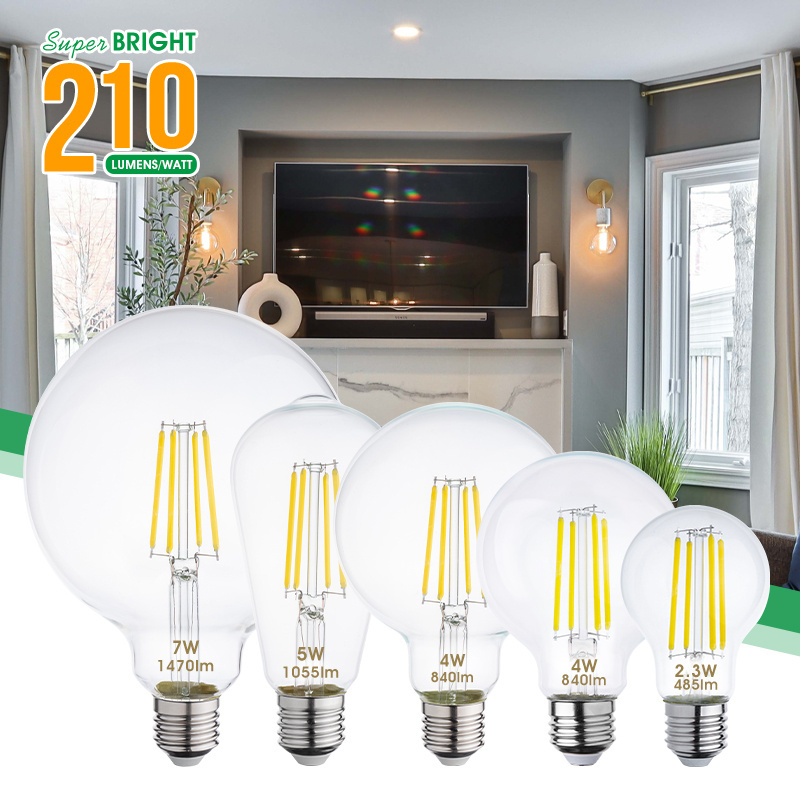 Good Quality ERP 5W 4W 7W Warm White E27 E26 B22 Super Bright 210lm/w Class A LED Edison Filament Light Bulbs For Decoration