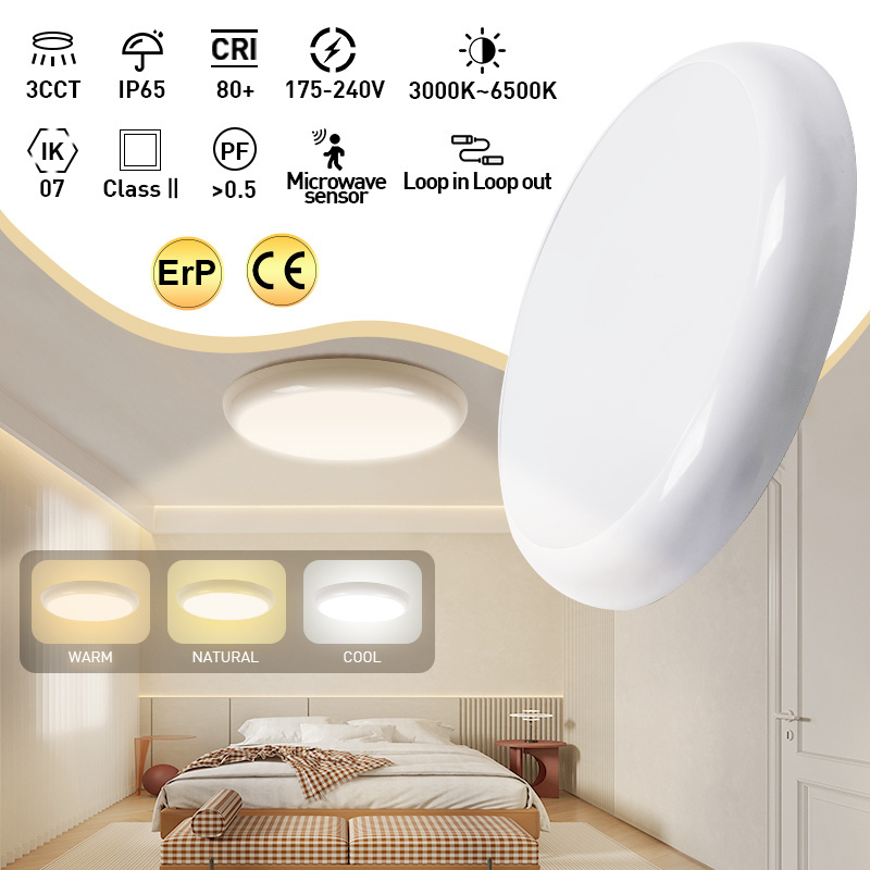 Factory CE CCT Round Led Lights Ceiling 12w IP65 Bathroom Kitchen Surface Mounted Ceiling Light Fixtures