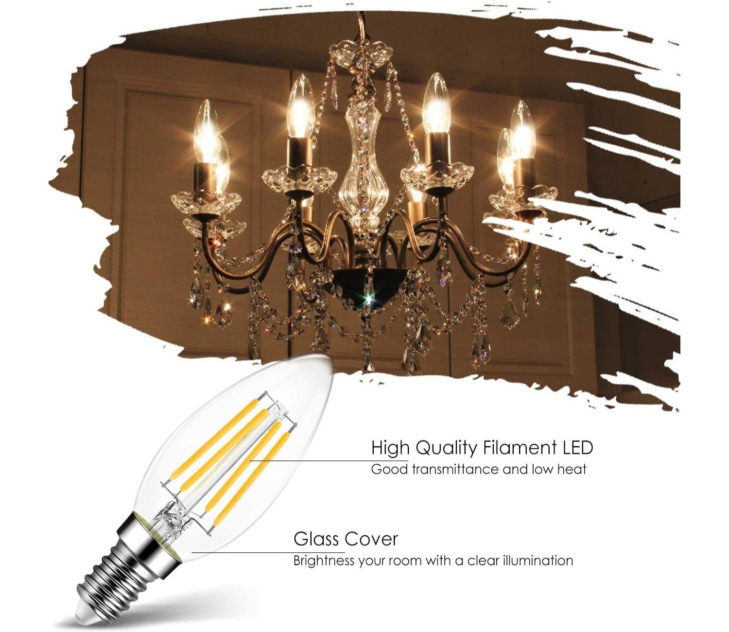 B11 LED Edison Filament Bulb Dimmable 60W Equivalent E12 Candelabra Base 2700K Warm White Candle Light Bulb