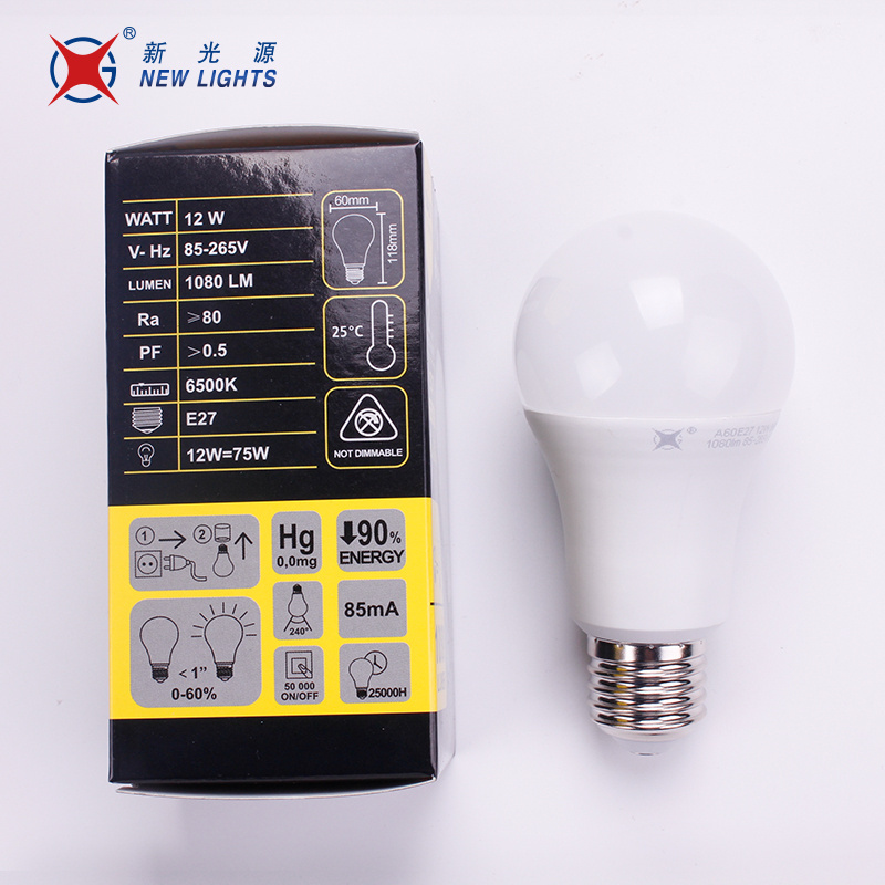 New lights stock item color box housing 85-265V ra80 6500K e27 9W 12W A60 100lm/w led bulb light