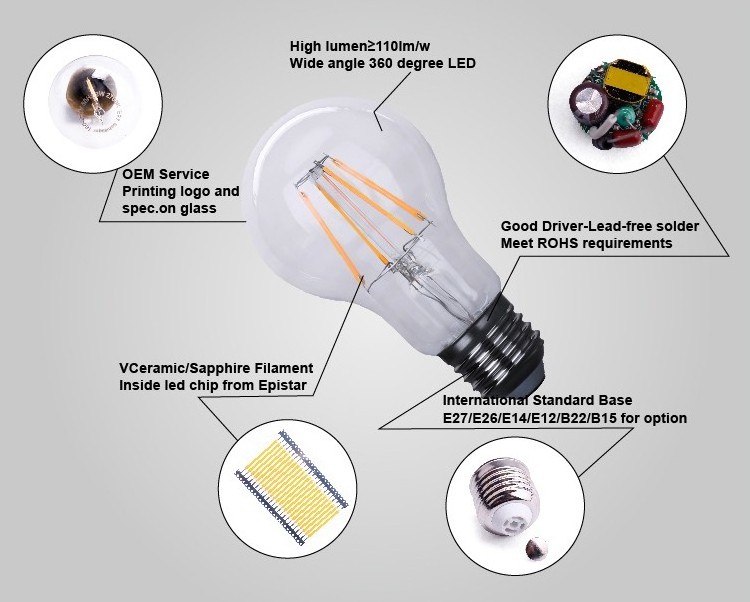 High lumen home bulb Lighting Sensor Smart  E26 E27 4W 8W LED Filament Bulb A60 lamp