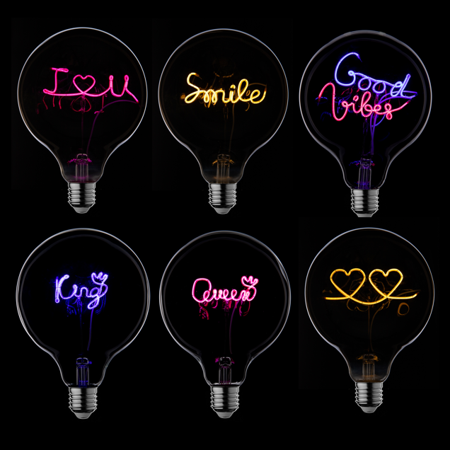 Best Seller Customized 110V 220V E27 E26 Colorful G40 G125 Letter Word Happy Love Heart Dimmable Led OEM  Decoration  Bulb