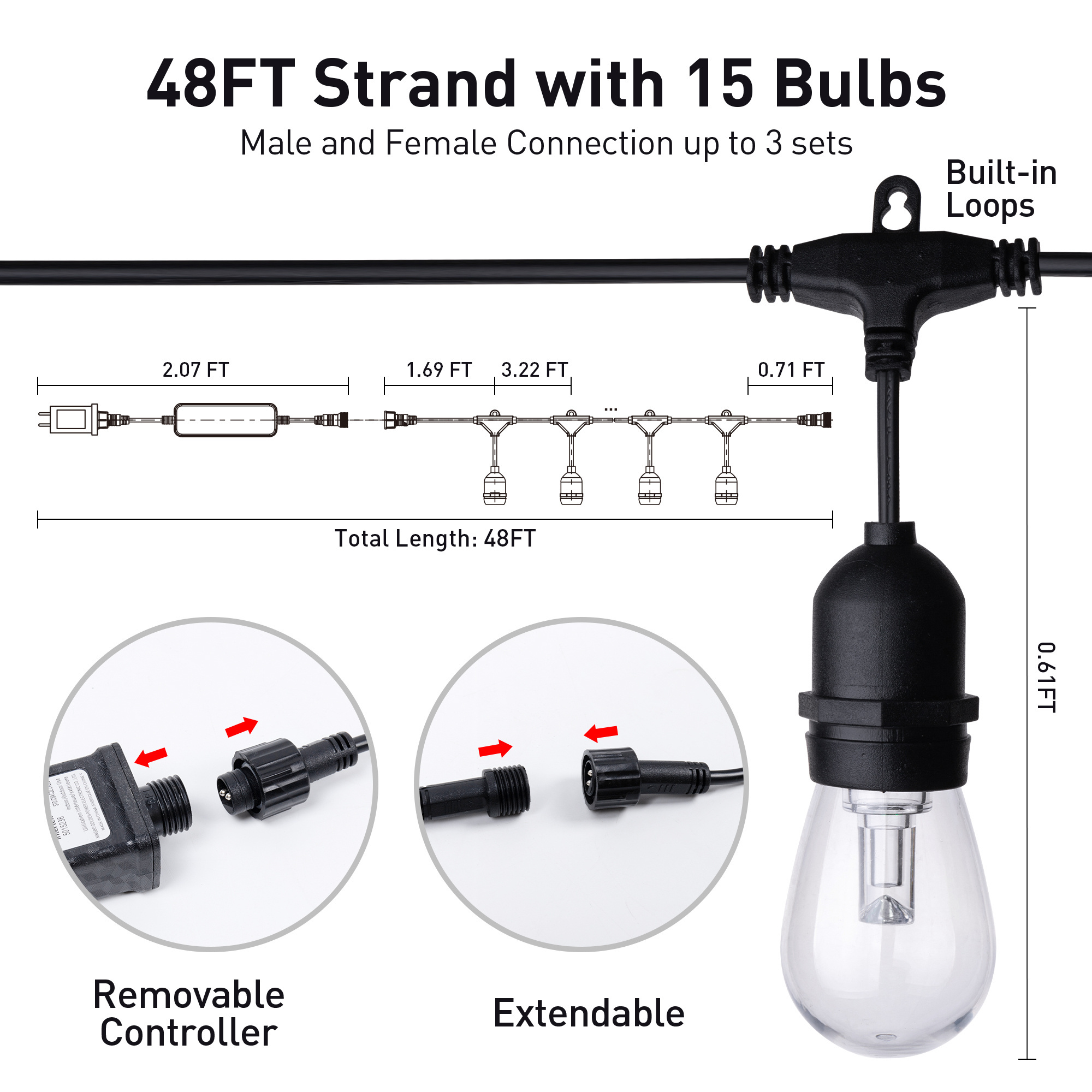 Backyard Balcony Outdoor Christmas Holiday IP65 Waterproof E27 E26 Socket Base S14 led bulb 48ft APP Smart RGB String Lights