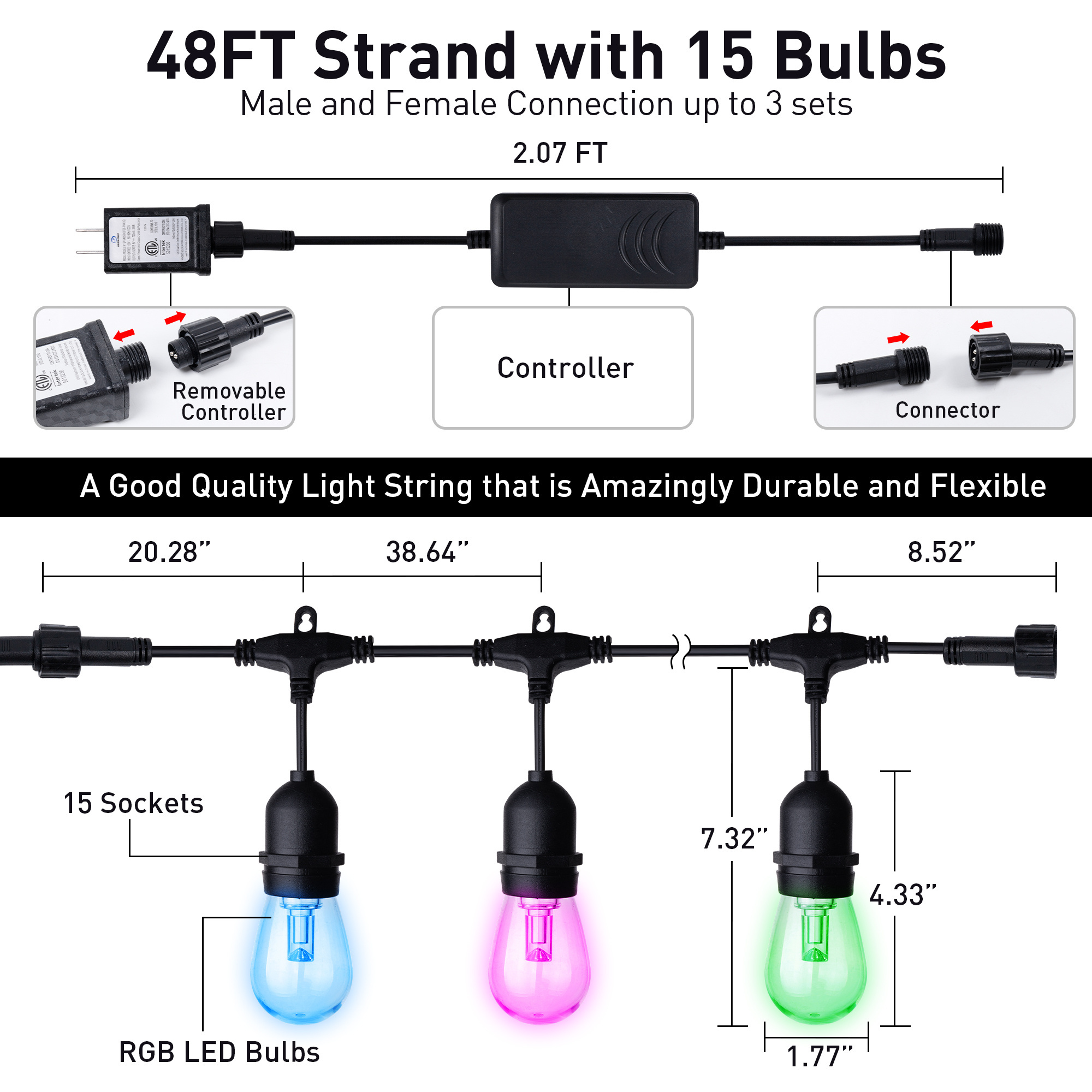 Backyard Balcony Outdoor Christmas Holiday IP65 Waterproof E27 E26 Socket Base S14 led bulb 48ft APP Smart RGB String Lights