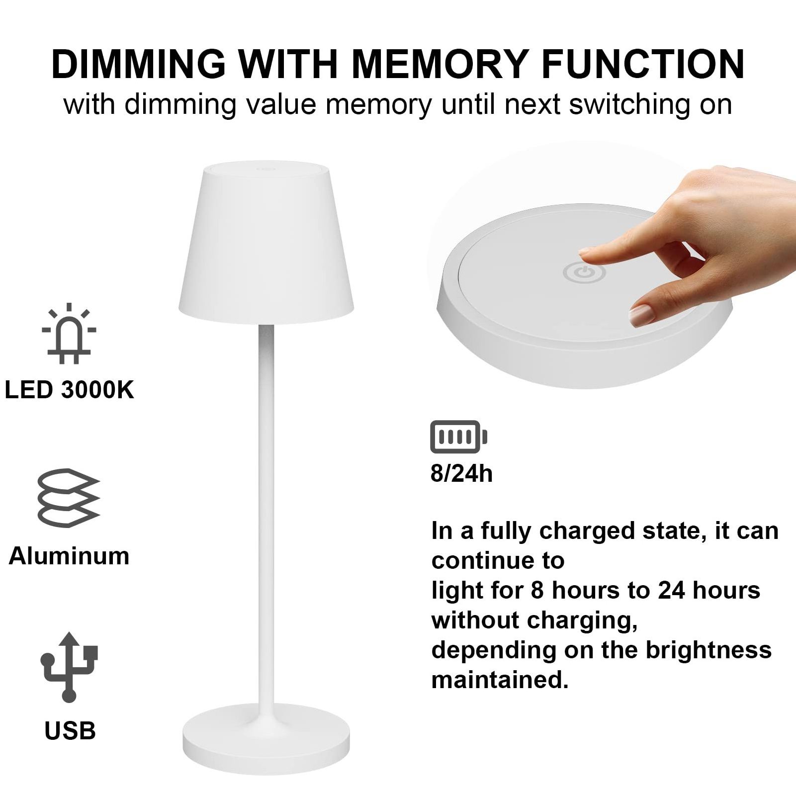 Decoration IP54 Waterproof White Black ABS Iron Rechargeable USB Power 2W Dimmable CCT Change Touch LED Battery Table Desk Lamp