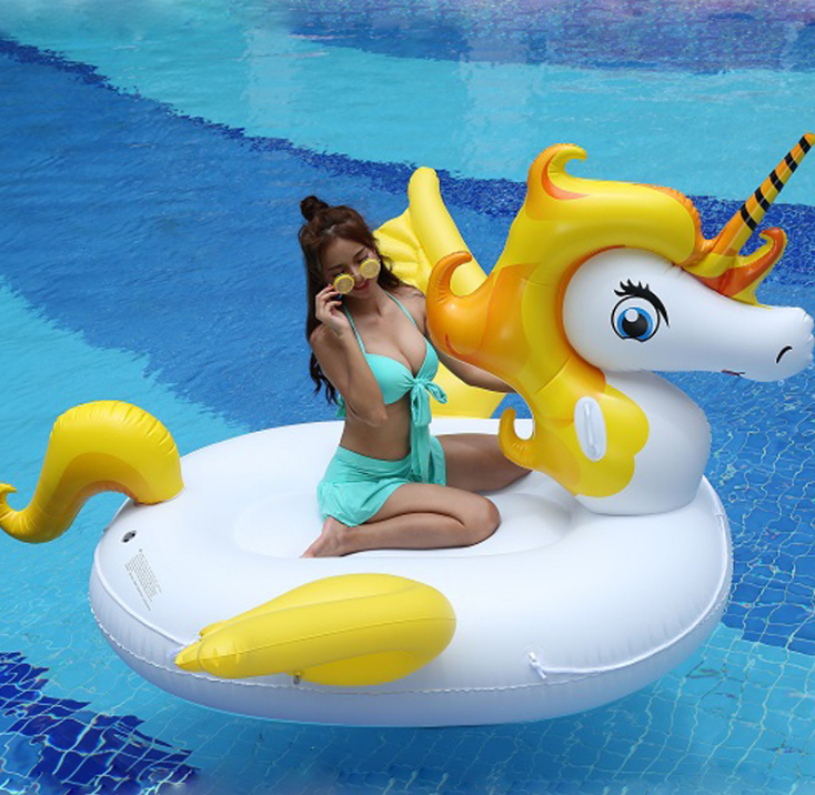 2021 New Large Unicorn Mounts Yellow Rainbow Flying Horses Pool Float PVC Inflatable Floating Drains Swimming Pool Float