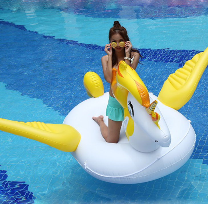 2021 New Large Unicorn Mounts Yellow Rainbow Flying Horses Pool Float PVC Inflatable Floating Drains Swimming Pool Float