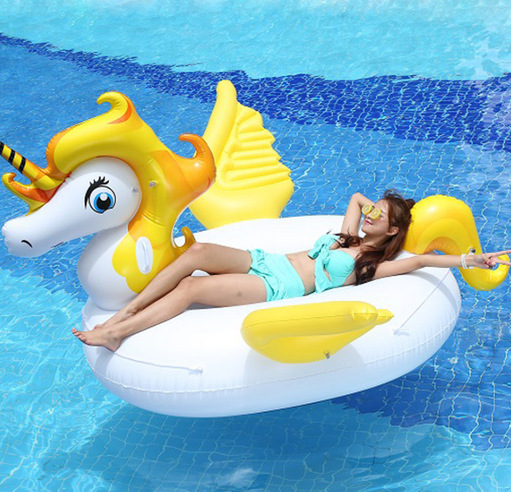 2021 New Large Unicorn Mounts Yellow Rainbow Flying Horses Pool Float PVC Inflatable Floating Drains Swimming Pool Float