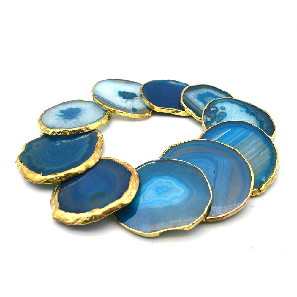 Natural Agate Coaster Gold Jade Cup Mat  Multicolored Agate Gemstone Slice and  Crystal Homeware Gift Table Decoration