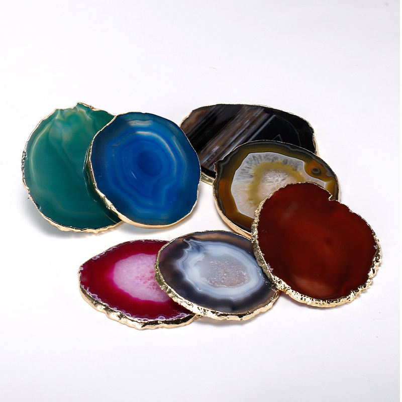 Natural Agate Coaster Gold Jade Cup Mat  Multicolored Agate Gemstone Slice and  Crystal Homeware Gift Table Decoration