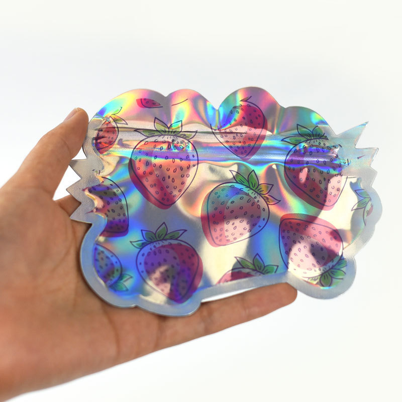 Custom printed plastic packaging 3.5g holographic unique special shaped smell proof zip lock die cut mylar pouch bag