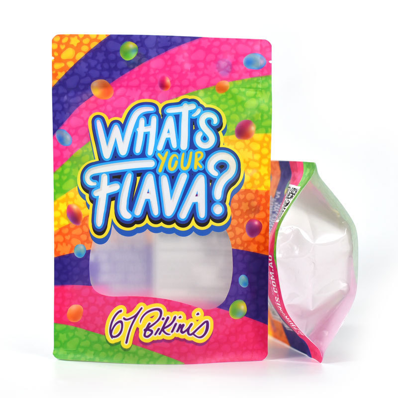 Custom printed mylar smell proof stand up pouch candy food packaging 3.5g mylar ziplock bag with window