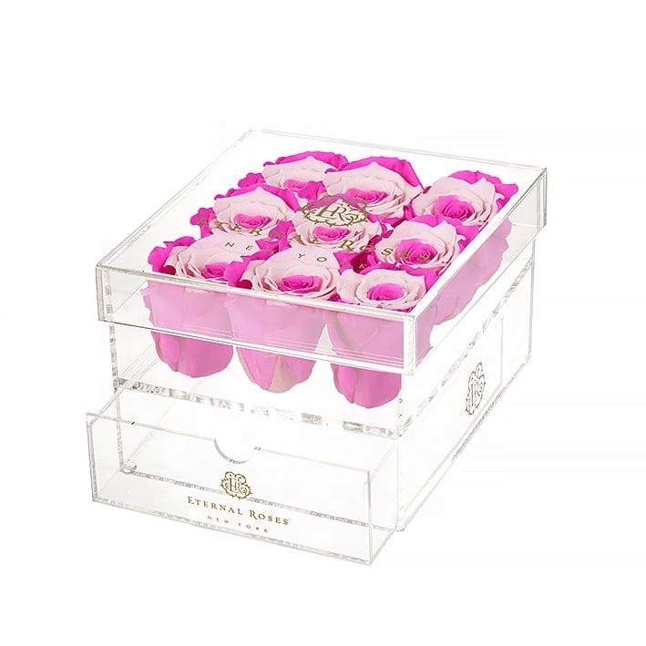 Square Preserved Rose Acrylic Flower Box Small Clear Flower Box Wedding Decor Gift Box