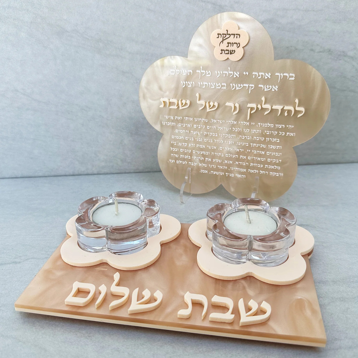 Acrylic Flower Shabbat Candle Holder Set Lucite Menorah Jewish Candle Holder