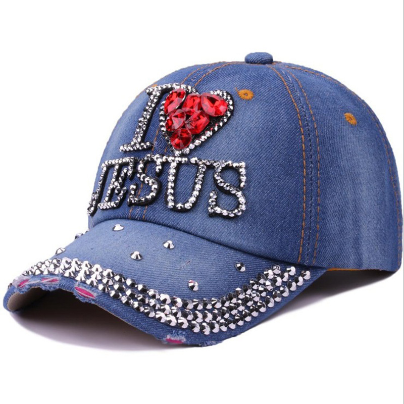 Women Fashion Rhinestone Baseball Cap Studded Rhinestone Bling Outdoor Sport Hat Denim I LOVE JESUS Baseball Hats