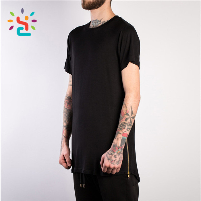 Custom streetwear t shirt with side zipper mens tall tee side drop tail zip up tee black sport shirts wholesale