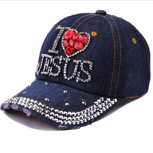 Women Fashion Rhinestone Baseball Cap Studded Rhinestone Bling Outdoor Sport Hat Denim I LOVE JESUS Baseball Hats