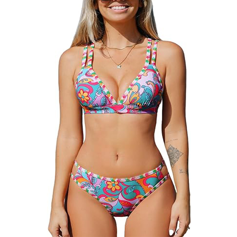 Women's Bikini Set Two Piece Swimsuits Strappy Mid Rise V Neck Cutout Adjustable Double Straps Bikinis