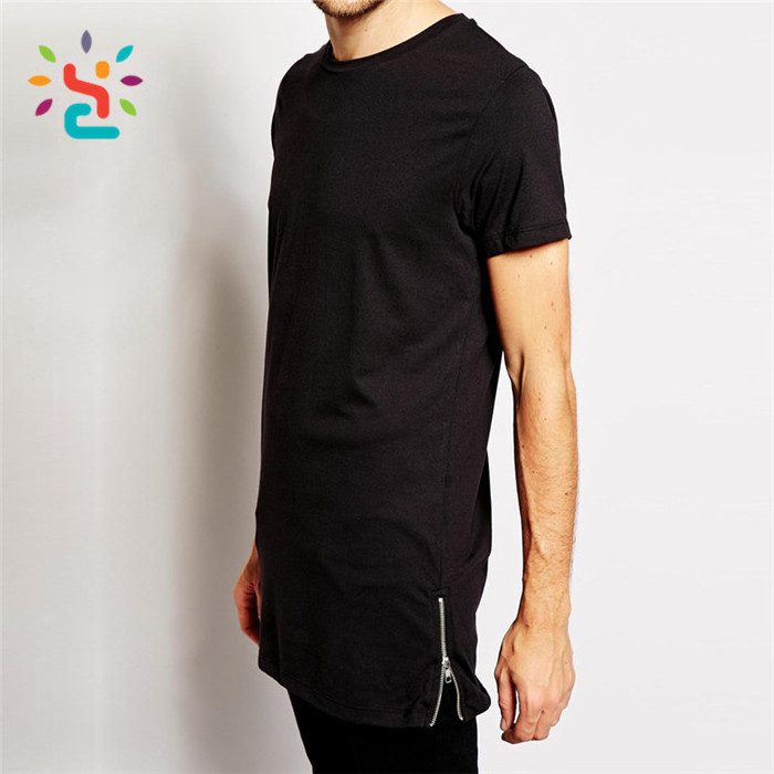 Custom streetwear t shirt with side zipper mens tall tee side drop tail zip up tee black sport shirts wholesale