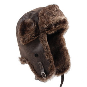 Leather Trapper Winter Faux Fur Hat Russian Ushanka with Ear Flaps