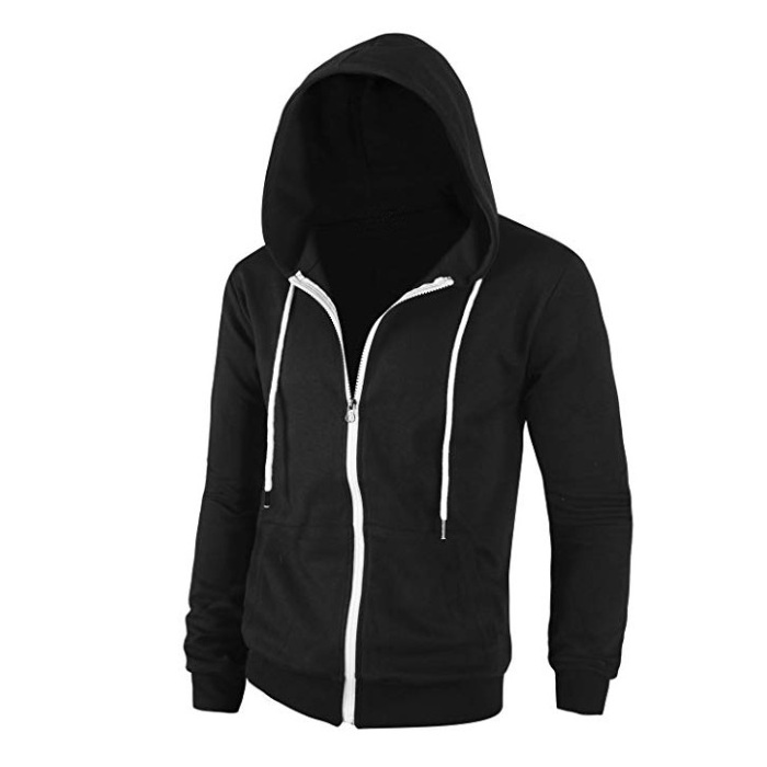 Custom Zip Hoodie Men 100% Cotton Thermal Pocket Black Hoodie With White Strings