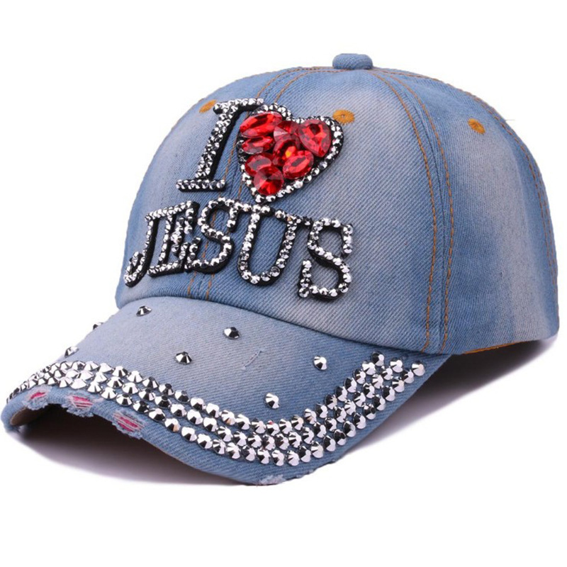 Women Fashion Rhinestone Baseball Cap Studded Rhinestone Bling Outdoor Sport Hat Denim I LOVE JESUS Baseball Hats